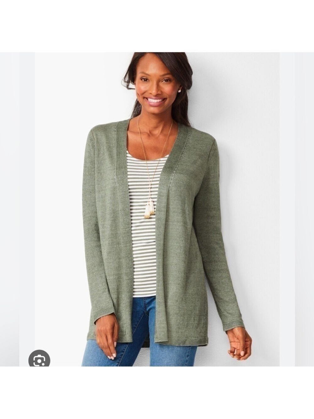 Talbots 100% Linen Pointelle Knit Lagenlook Open Front Cardigan Sweater Longline